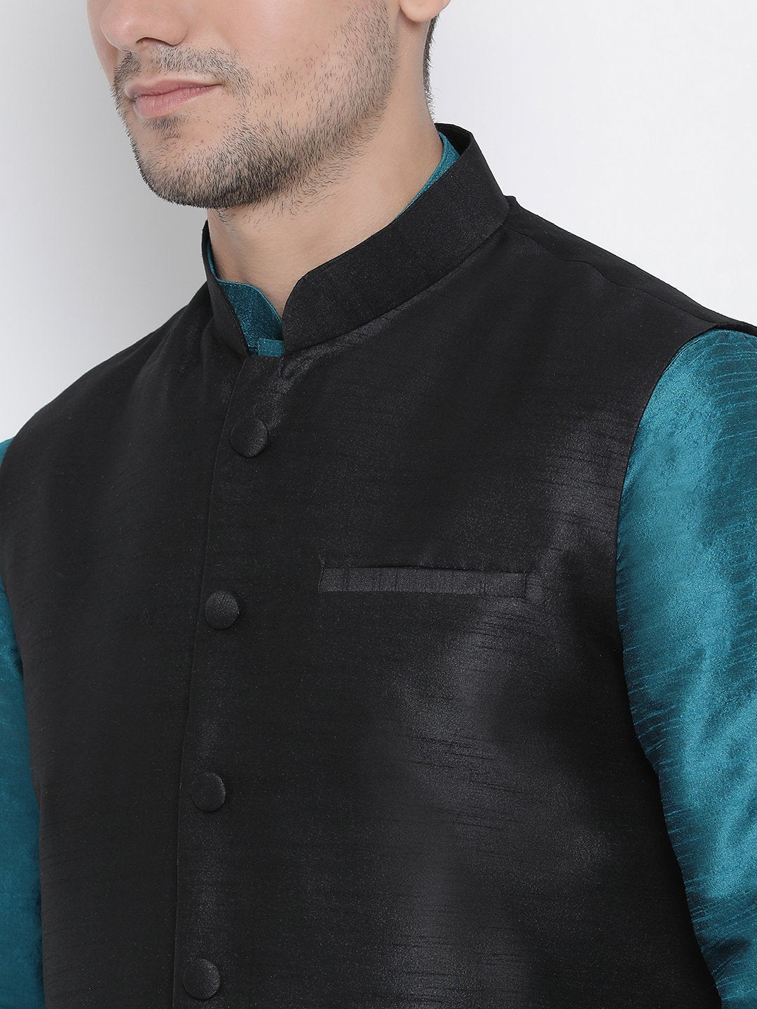 Men's Dark Green Cotton Silk Blend Ethnic Jacket, Kurta and Dhoti Pant Set
