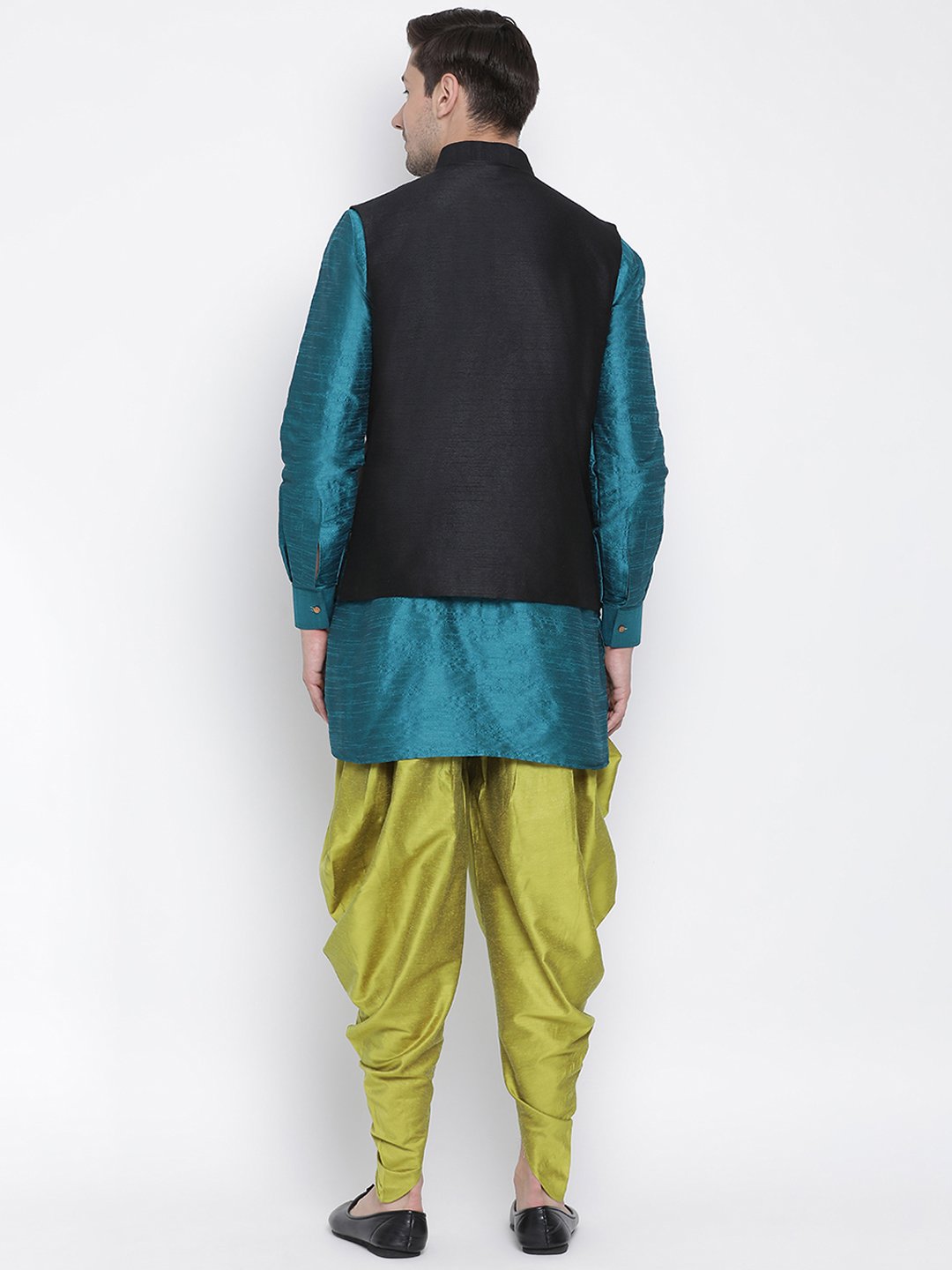 Men's Dark Green Cotton Silk Blend Ethnic Jacket, Kurta and Dhoti Pant Set
