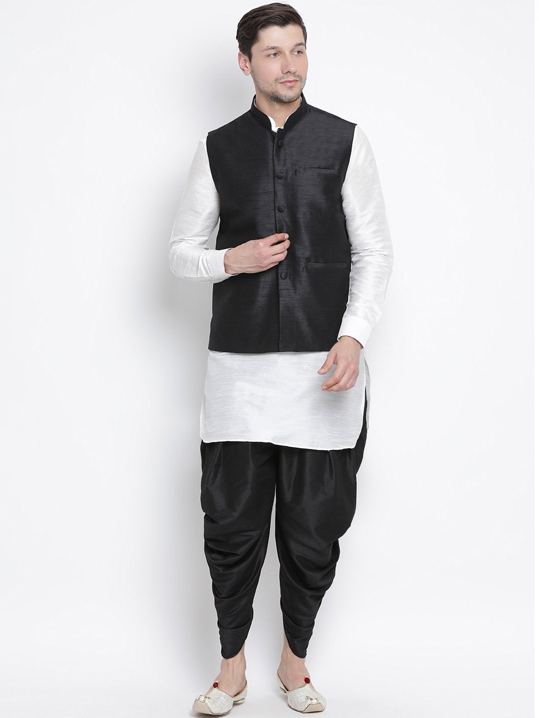 Men's White Cotton Silk Blend Ethnic Jacket, Kurta and Dhoti Pant Set