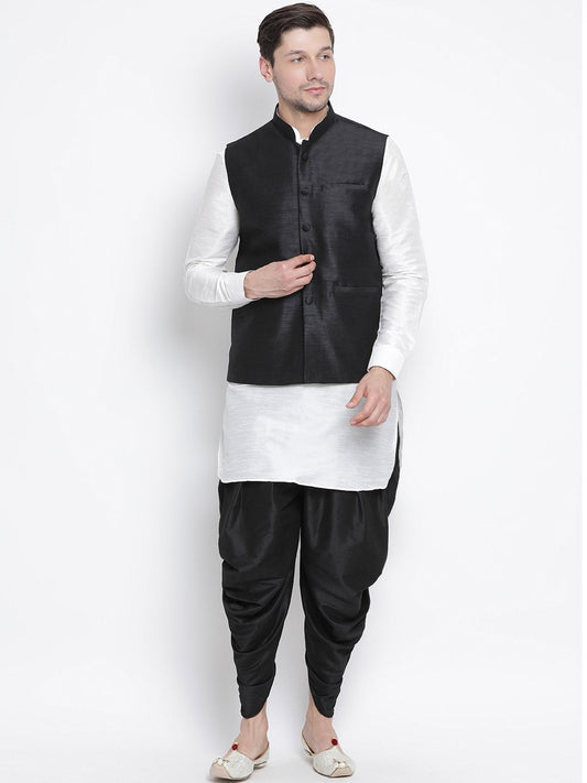 Men's White Cotton Silk Blend Ethnic Jacket, Kurta and Dhoti Pant Set