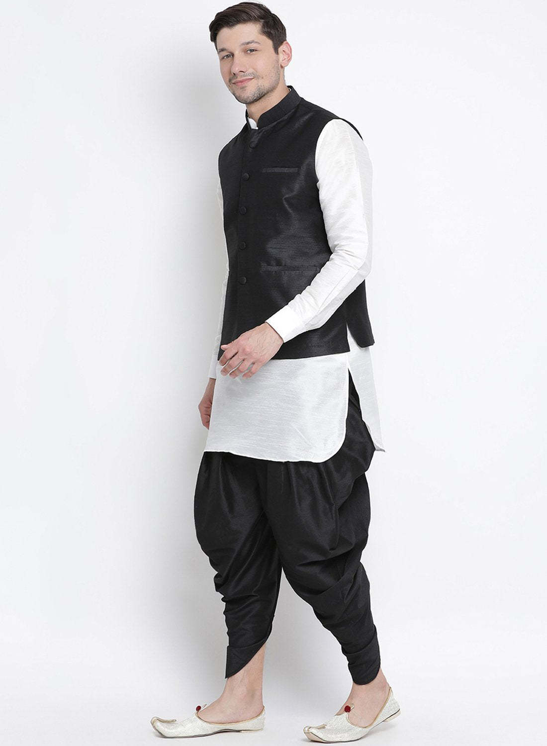 Men's White Cotton Silk Blend Ethnic Jacket, Kurta and Dhoti Pant Set