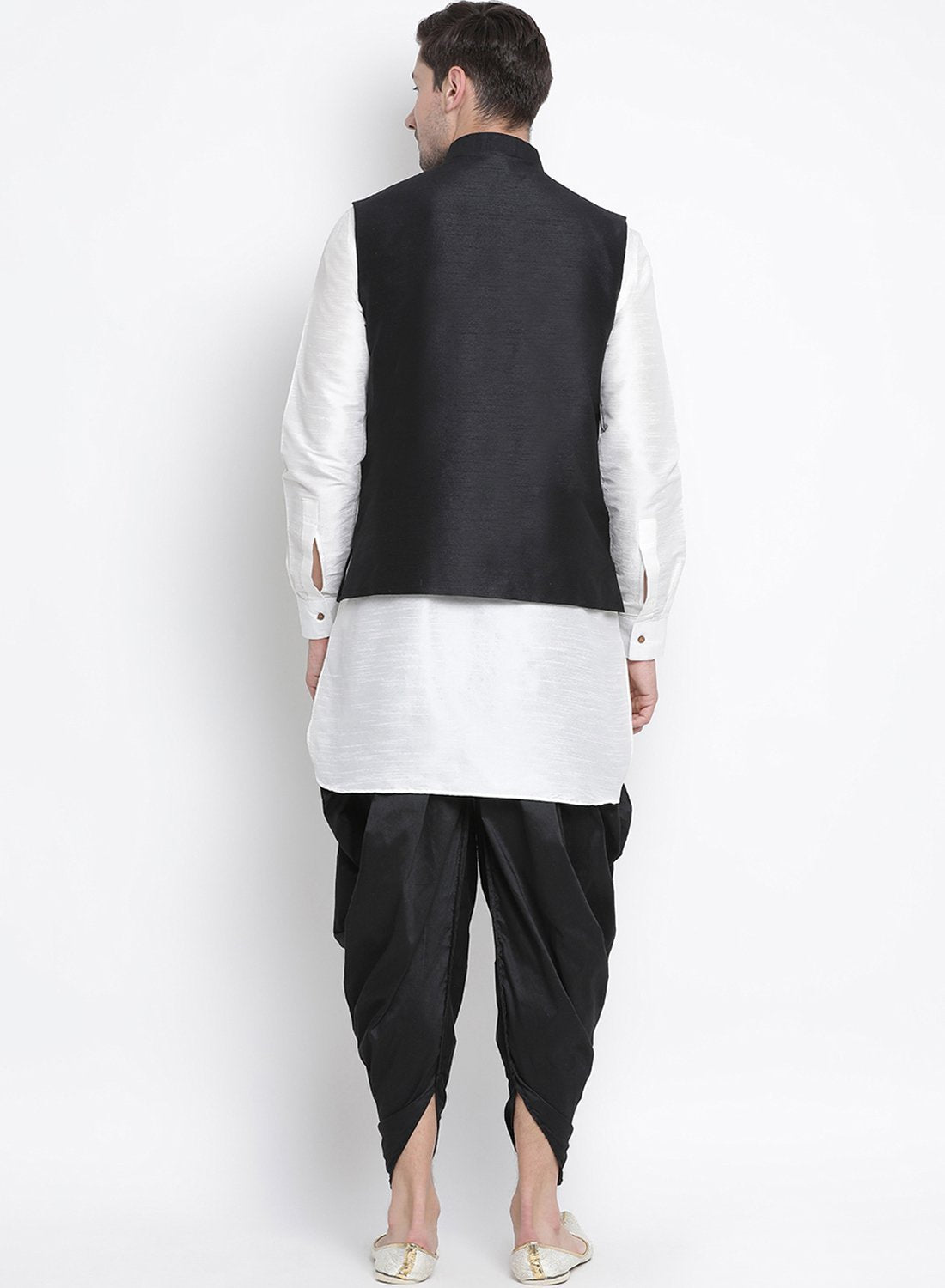 Men's White Cotton Silk Blend Ethnic Jacket, Kurta and Dhoti Pant Set