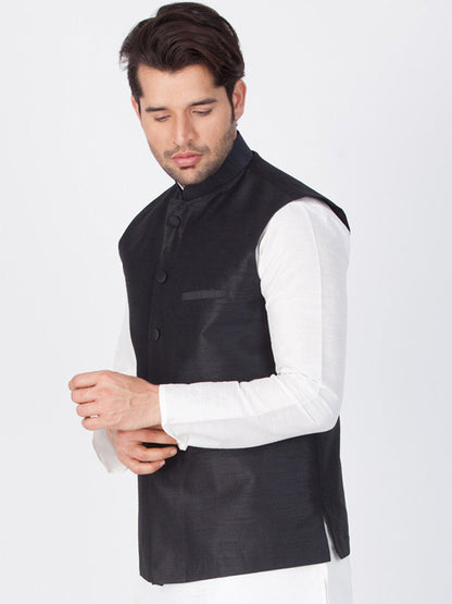 Men's Black Cotton Silk Blend Ethnic Jacket