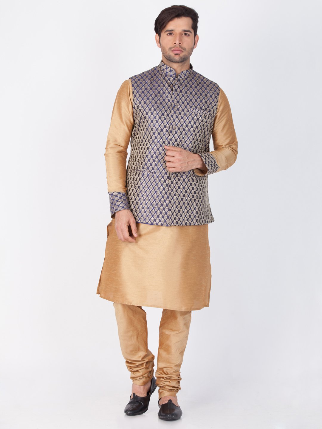 Men's Blue Cotton Silk Blend Ethnic Jacket