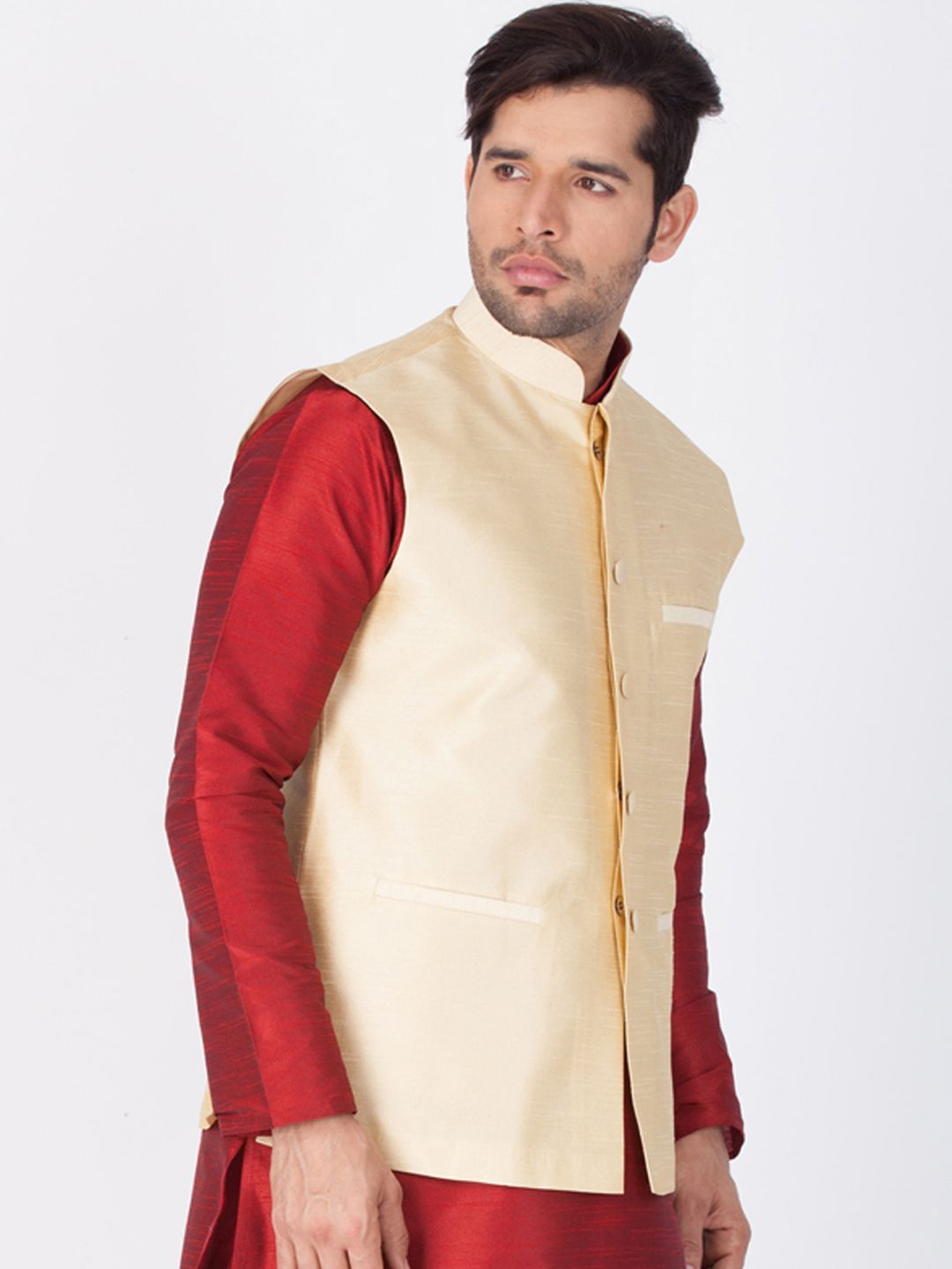 Men's Gold Cotton Silk Blend Ethnic Jacket