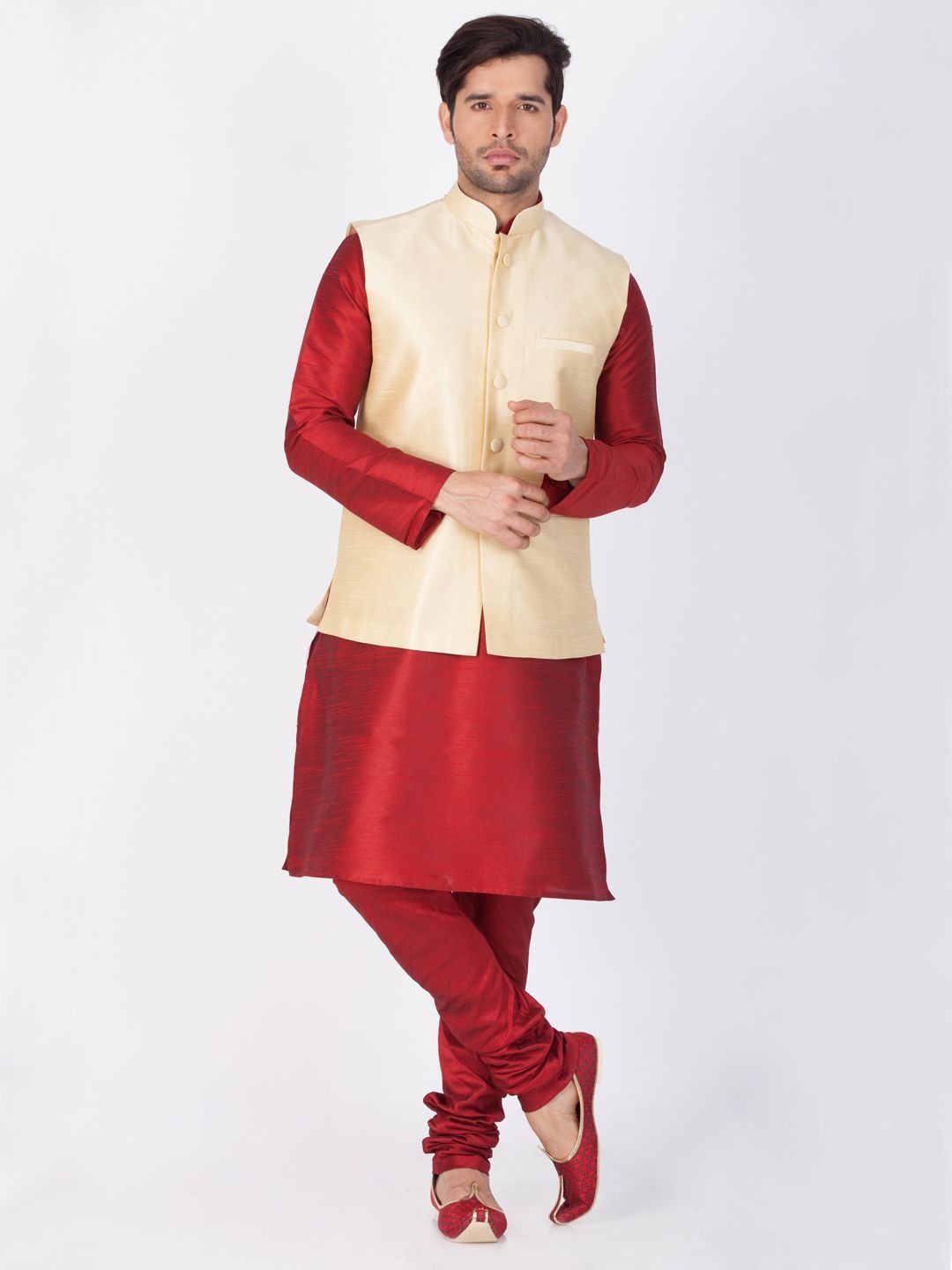 Men's Gold Cotton Silk Blend Ethnic Jacket