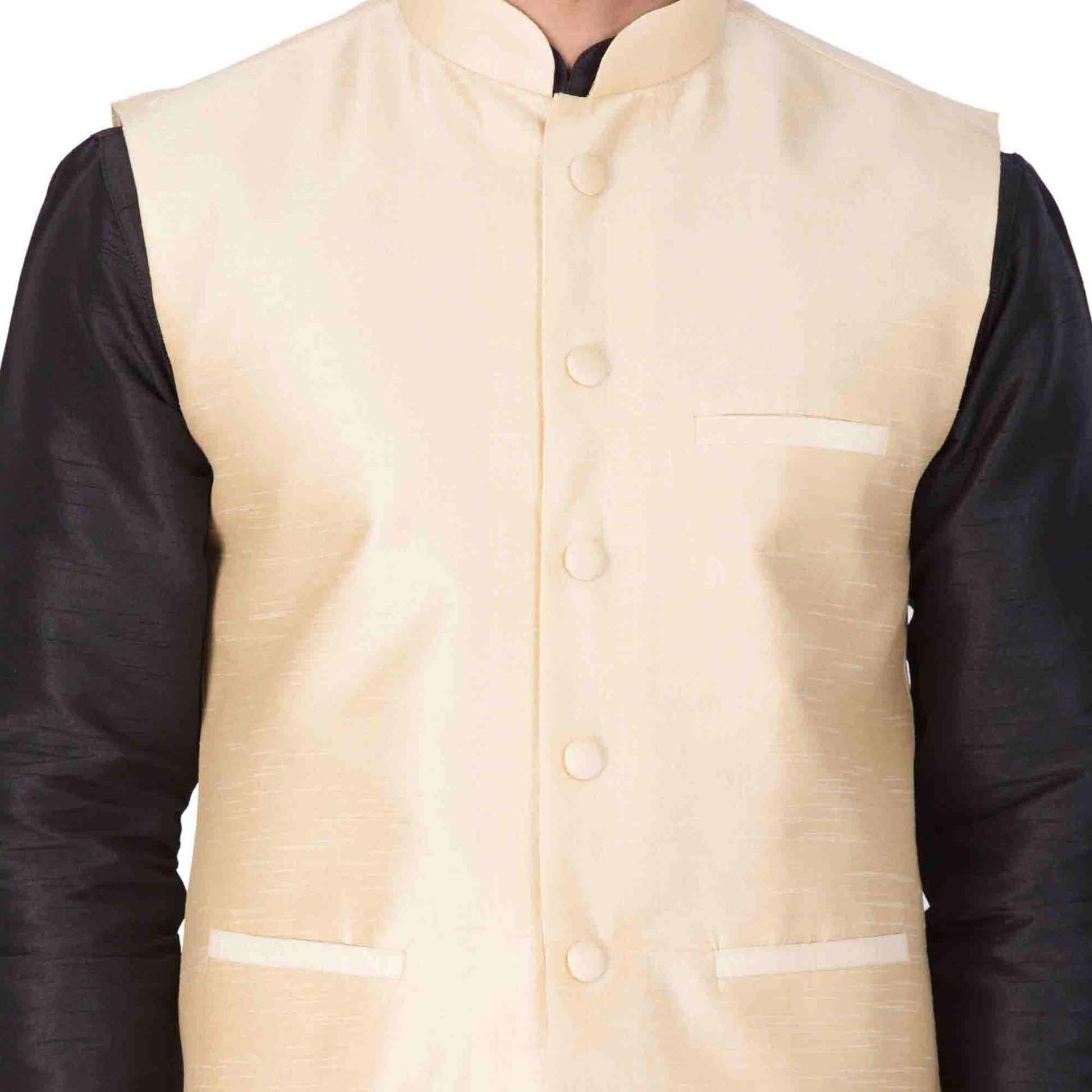 Men's Black Cotton Silk Blend Kurta, Ethnic Jacket and Pyjama Set