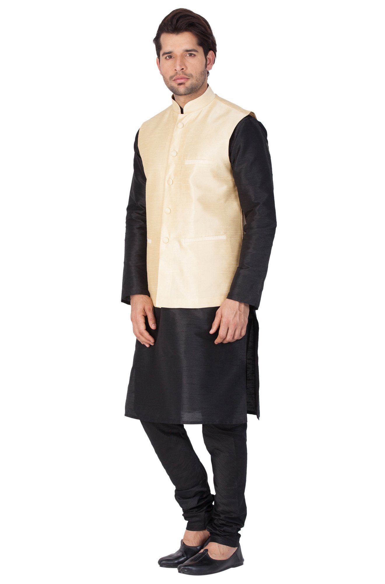 Men's Black Cotton Silk Blend Kurta, Ethnic Jacket and Pyjama Set