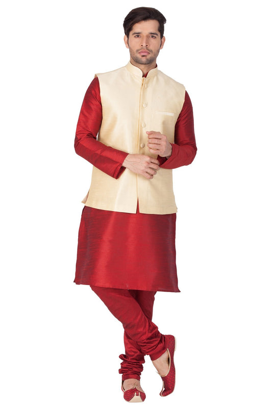 Men's Maroon Cotton Silk Blend Kurta, Ethnic Jacket and Pyjama Set