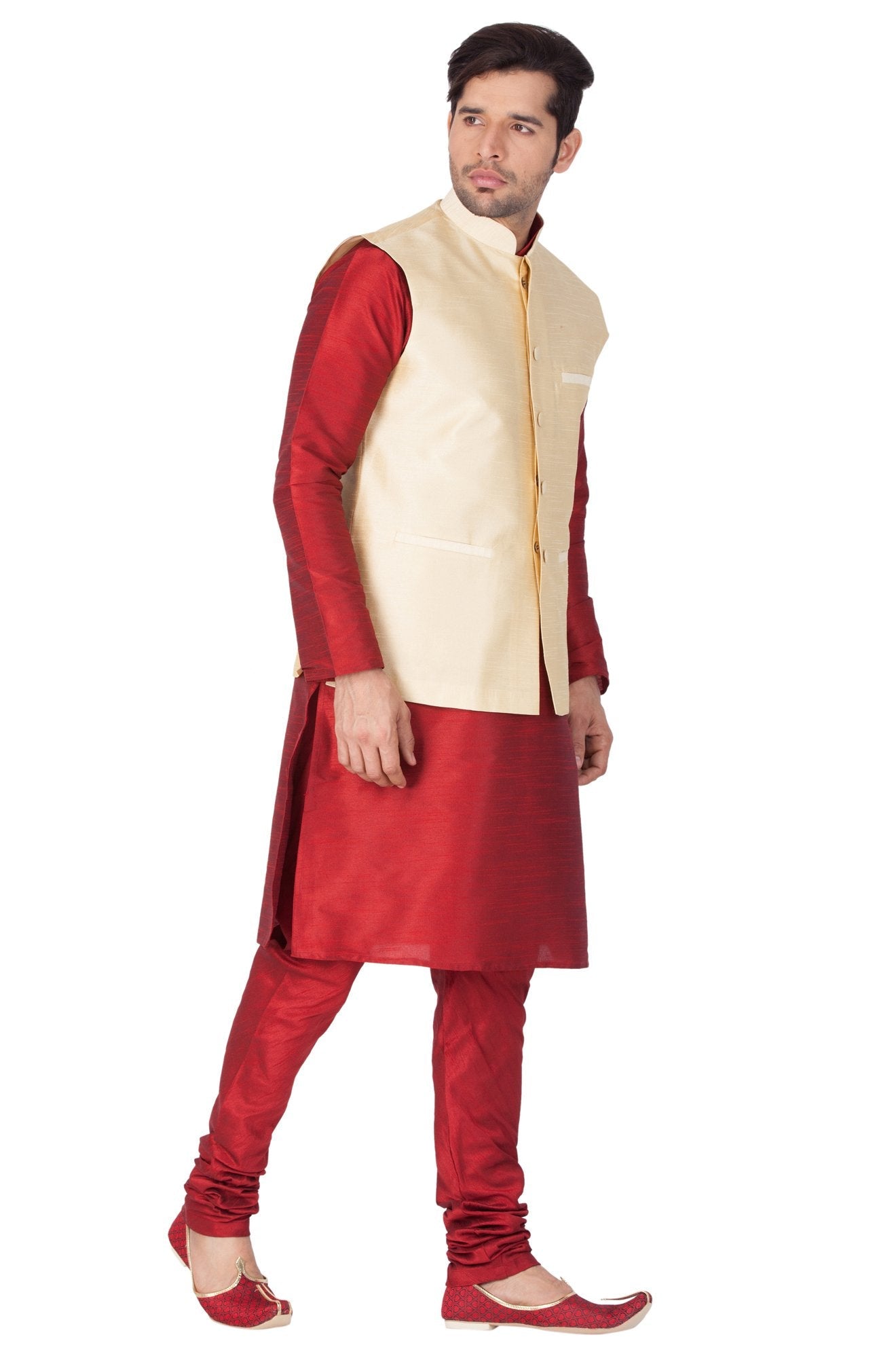 Men's Maroon Cotton Silk Blend Kurta, Ethnic Jacket and Pyjama Set