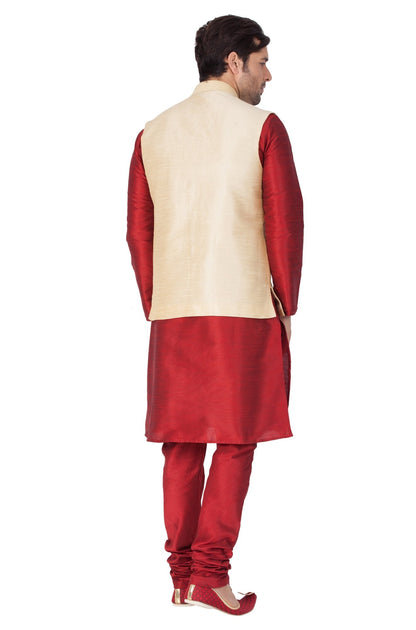 Men's Maroon Cotton Silk Blend Kurta, Ethnic Jacket and Pyjama Set