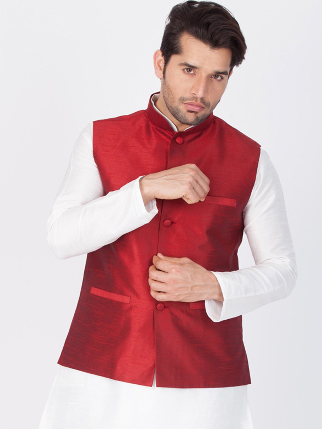 Men's Maroon Cotton Silk Blend Ethnic Jacket