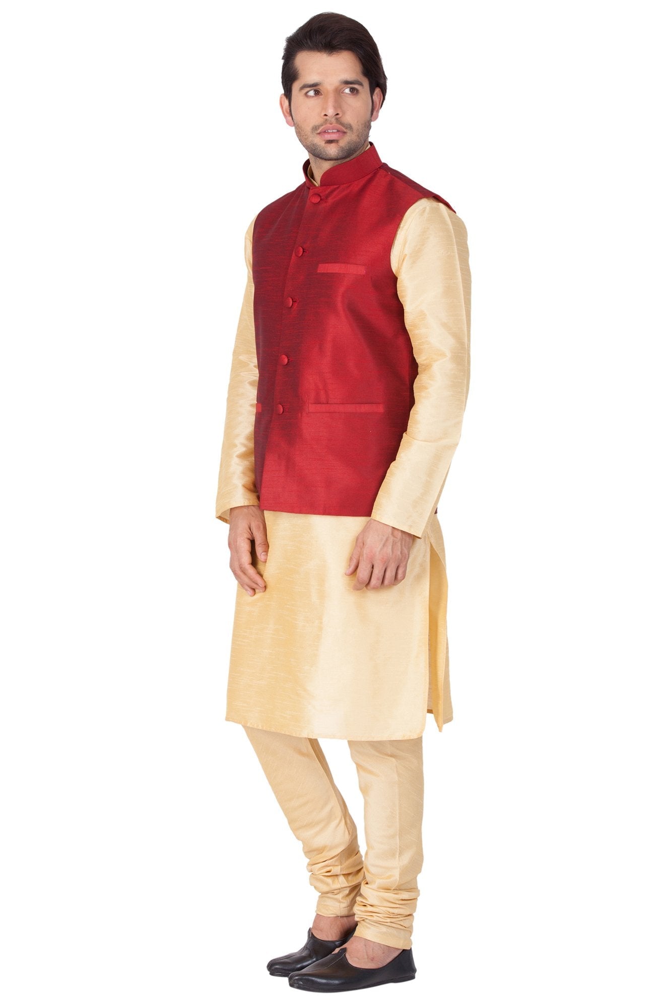 Men's Gold Cotton Silk Blend Kurta, Ethnic Jacket and Pyjama Set