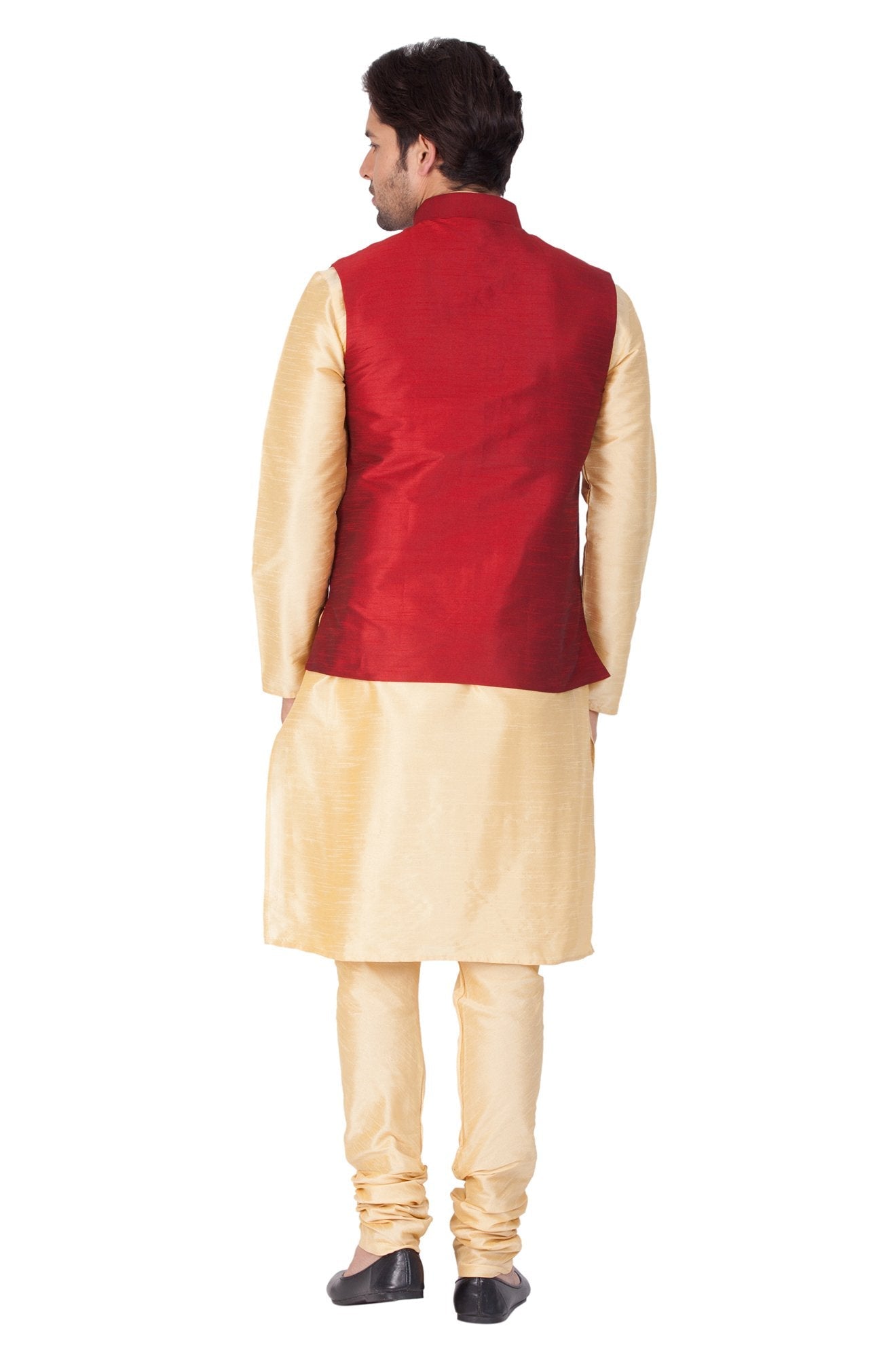 Men's Gold Cotton Silk Blend Kurta, Ethnic Jacket and Pyjama Set