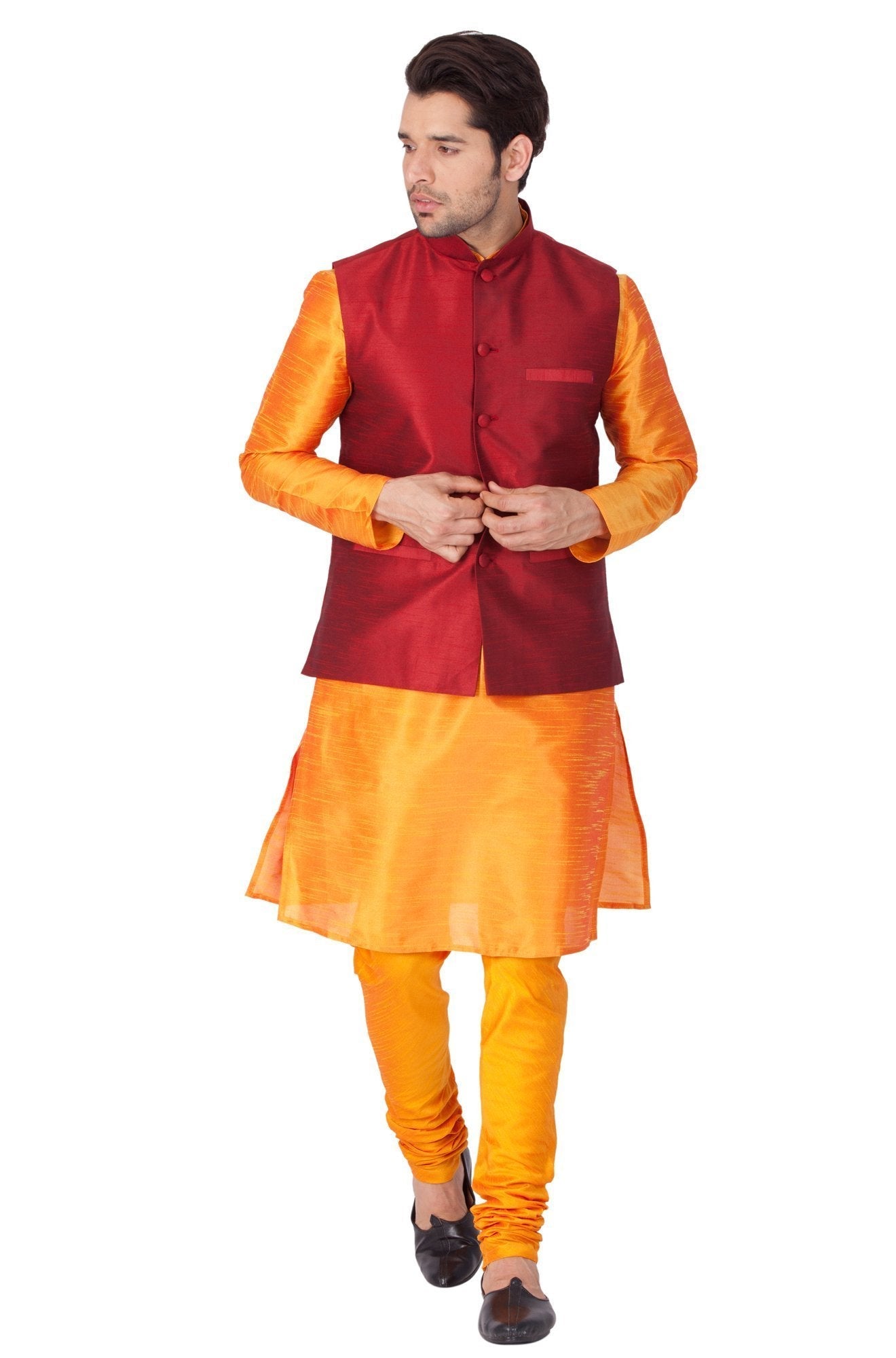 Men's Orange Cotton Silk Blend Kurta, Ethnic Jacket and Pyjama Set