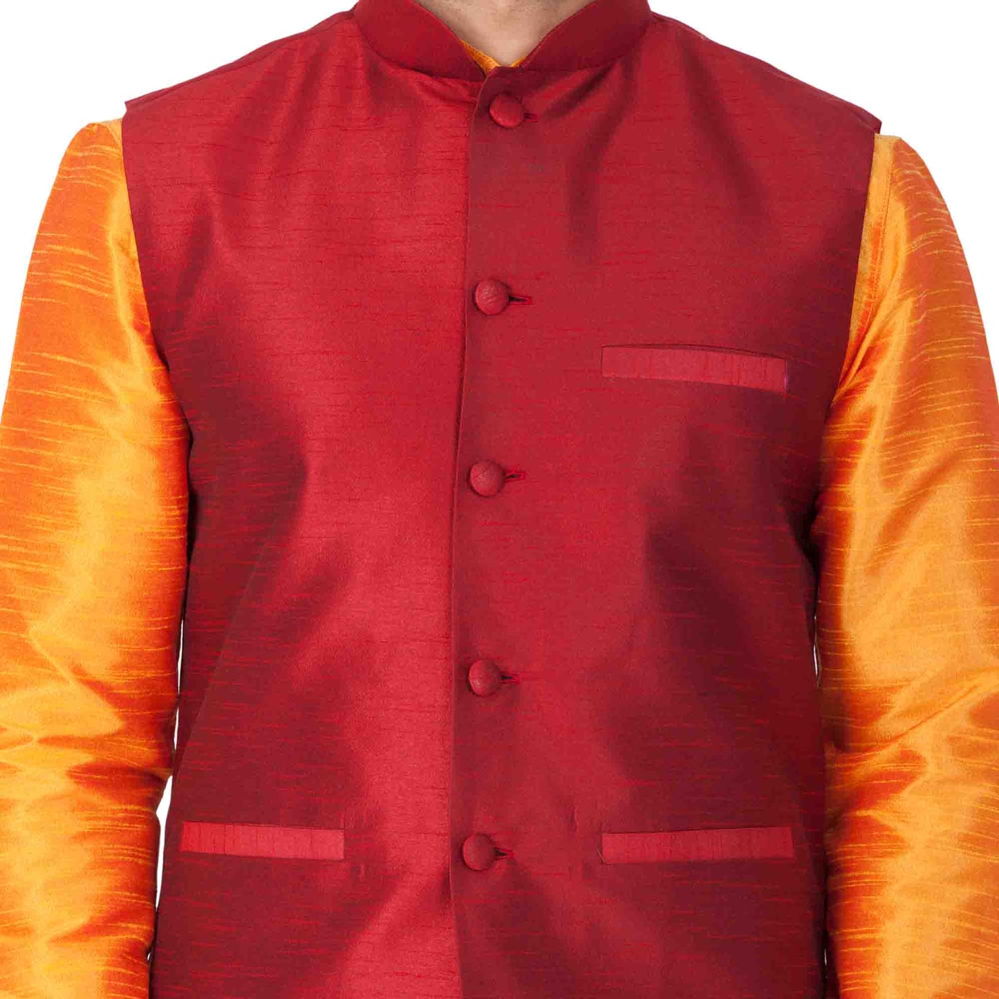 Men's Orange Cotton Silk Blend Kurta, Ethnic Jacket and Pyjama Set