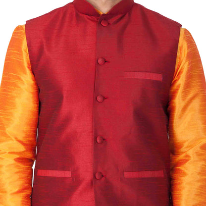 Men's Orange Cotton Silk Blend Kurta, Ethnic Jacket and Pyjama Set