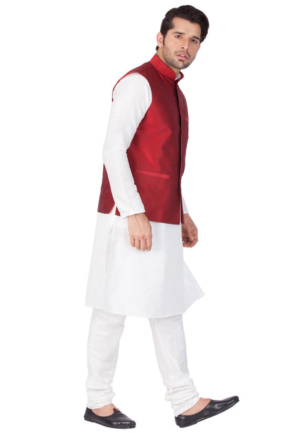 Men's White Cotton Silk Blend Kurta, Ethnic Jacket and Pyjama Set