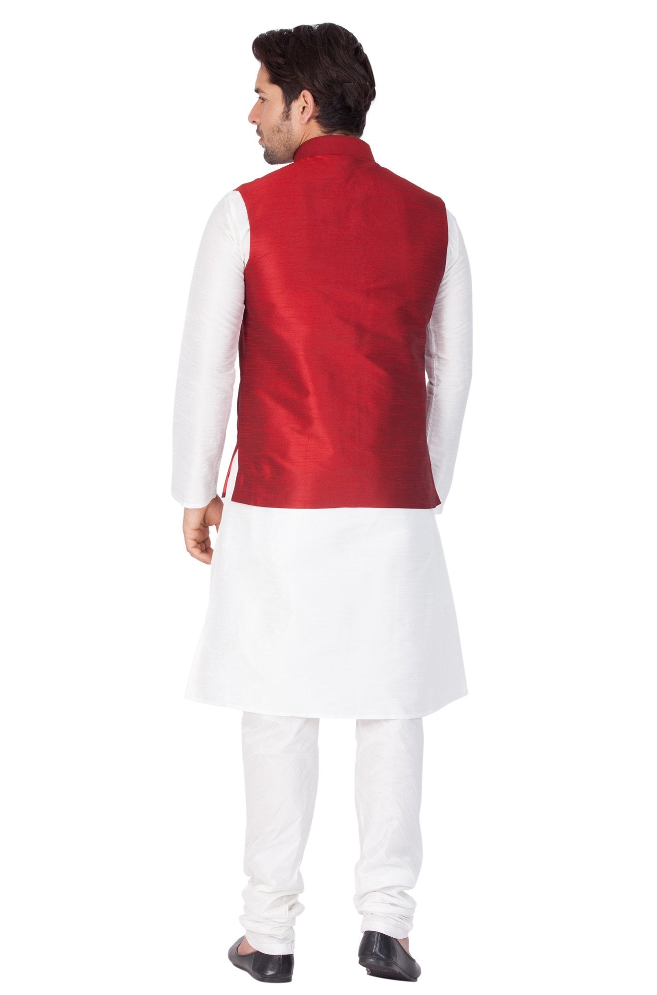 Men's White Cotton Silk Blend Kurta, Ethnic Jacket and Pyjama Set