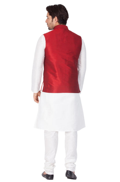 Men's White Cotton Silk Blend Kurta, Ethnic Jacket and Pyjama Set