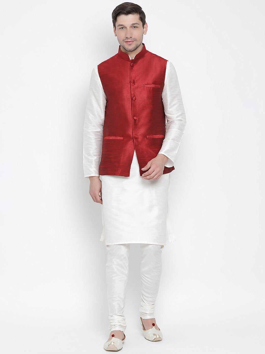 Men's White Cotton Silk Blend Kurta, Ethnic Jacket and Pyjama Set