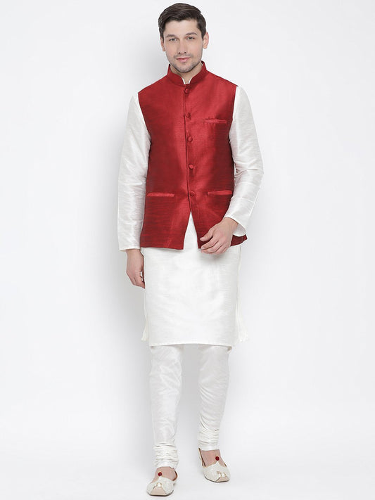 Men's White Cotton Silk Blend Kurta, Ethnic Jacket and Pyjama Set