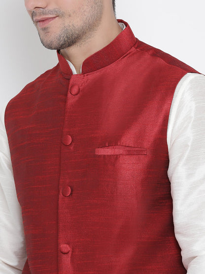 Men's White Cotton Silk Blend Kurta, Ethnic Jacket and Pyjama Set