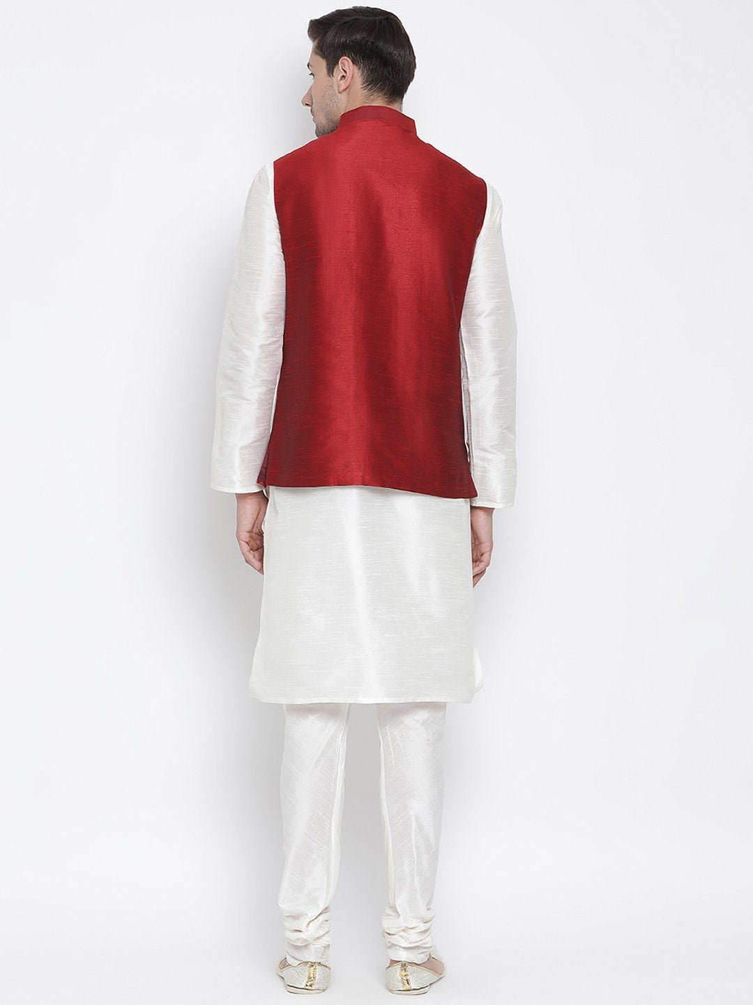 Men's White Cotton Silk Blend Kurta, Ethnic Jacket and Pyjama Set