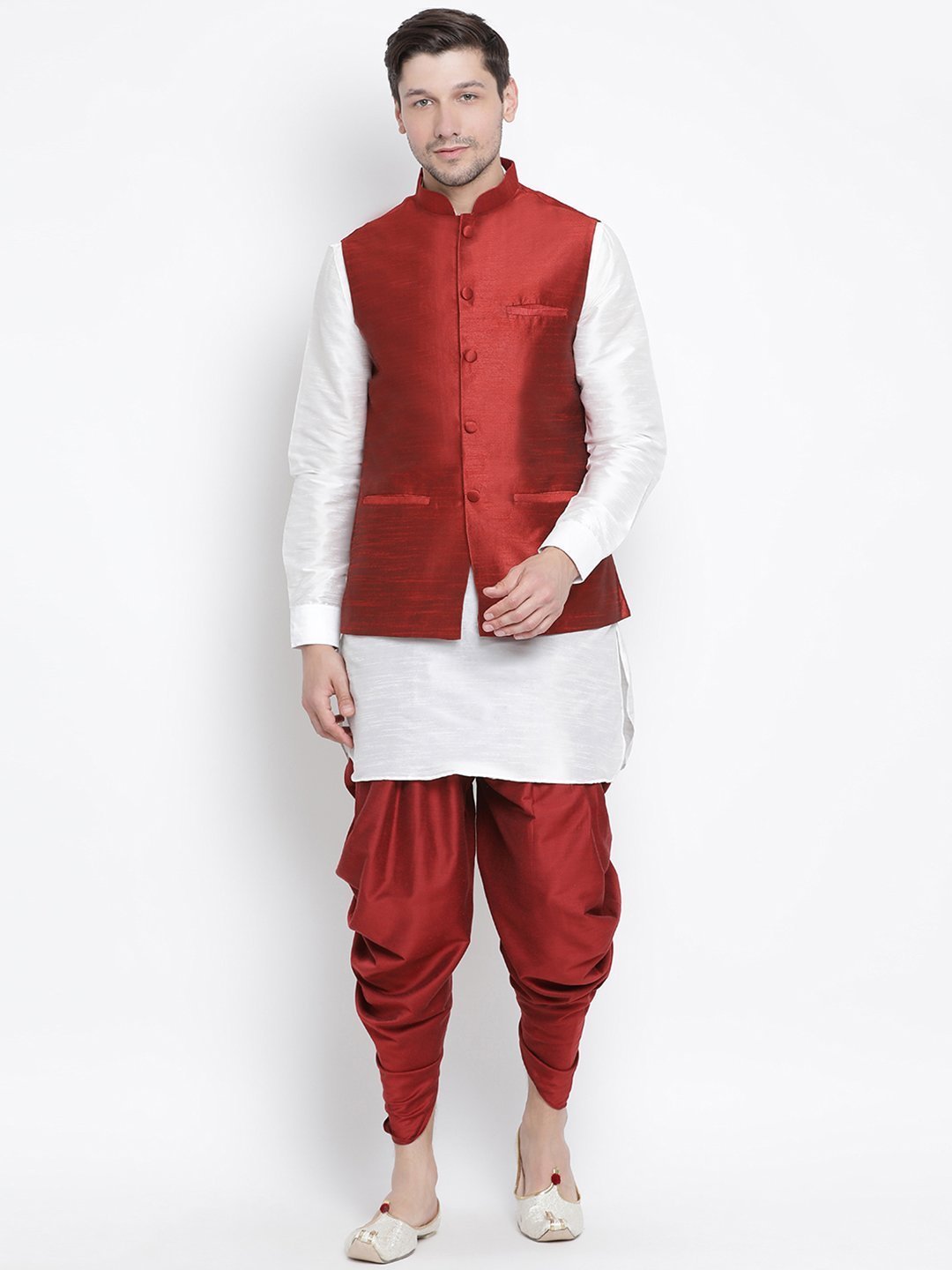 Men's White Cotton Silk Blend Ethnic Jacket, Kurta and Dhoti Pant Set