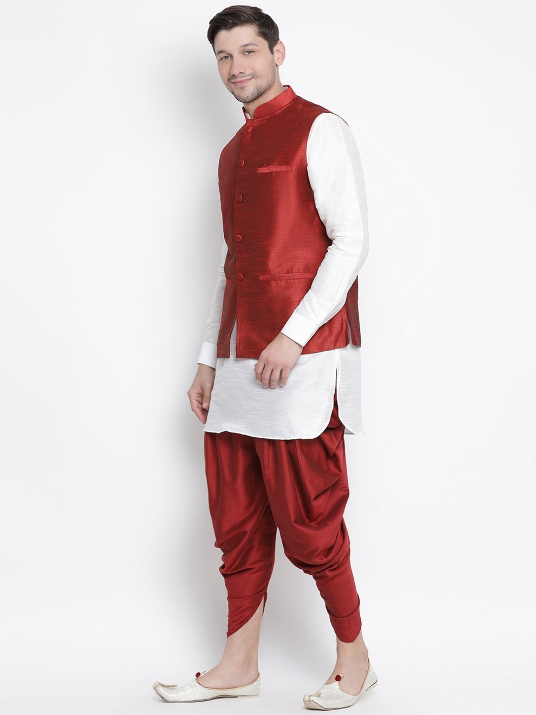 Men's White Cotton Silk Blend Ethnic Jacket, Kurta and Dhoti Pant Set