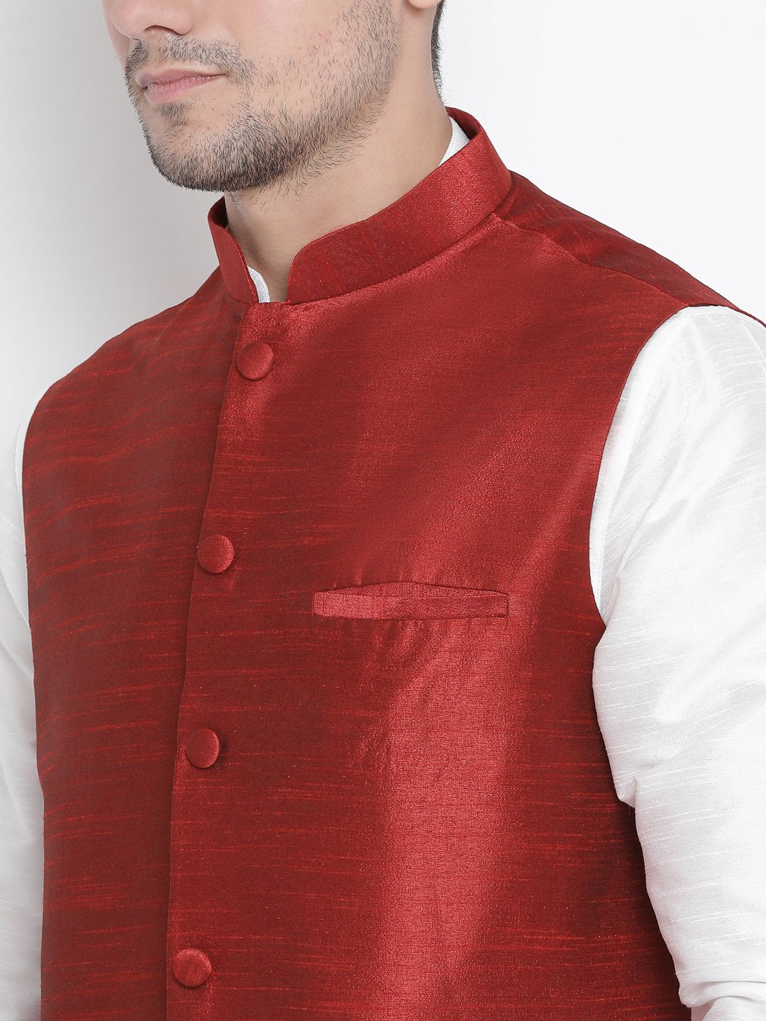 Men's White Cotton Silk Blend Ethnic Jacket, Kurta and Dhoti Pant Set