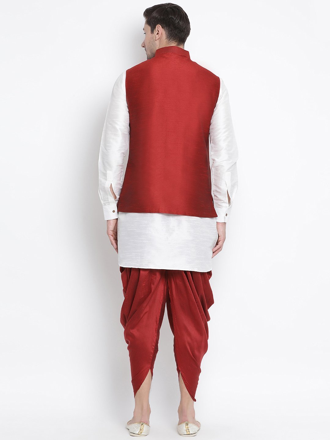 Men's White Cotton Silk Blend Ethnic Jacket, Kurta and Dhoti Pant Set