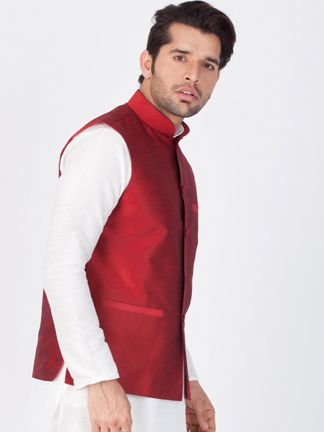 Men's Maroon Cotton Silk Blend Ethnic Jacket