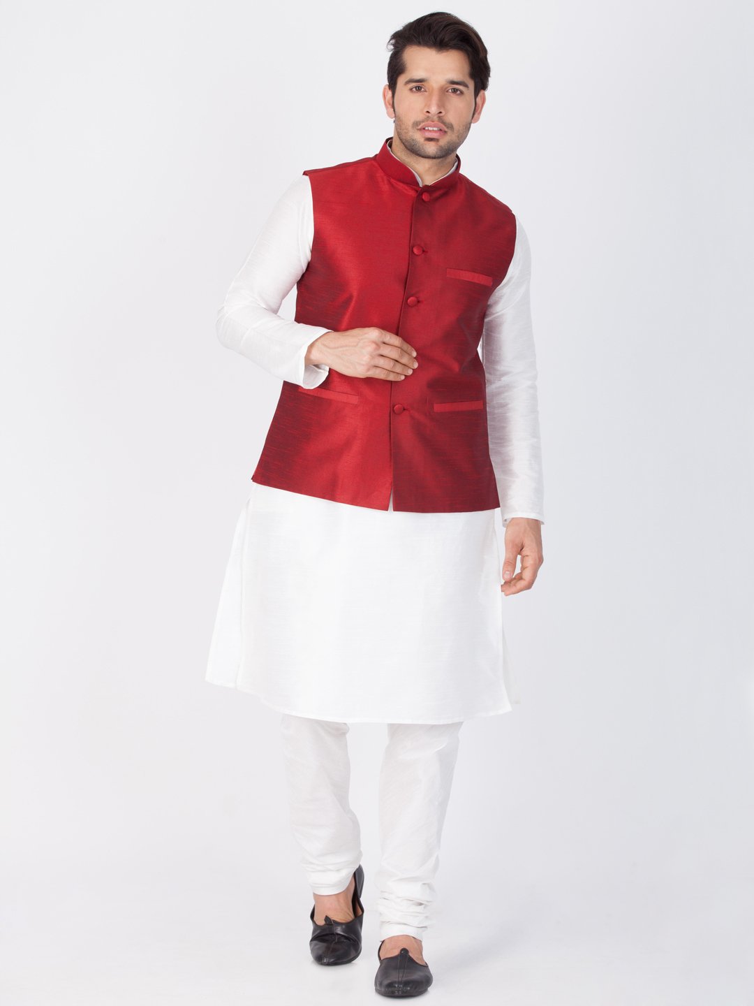 Men's Maroon Cotton Silk Blend Ethnic Jacket