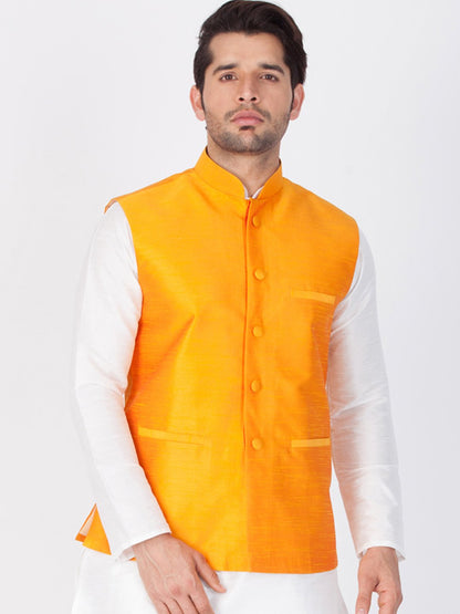 Men's Orange Cotton Silk Blend Ethnic Jacket