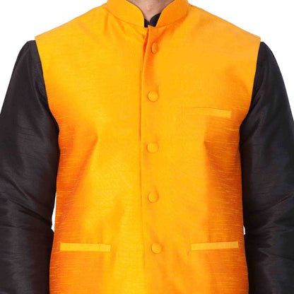 Men's Black Cotton Silk Blend Kurta, Ethnic Jacket and Pyjama Set
