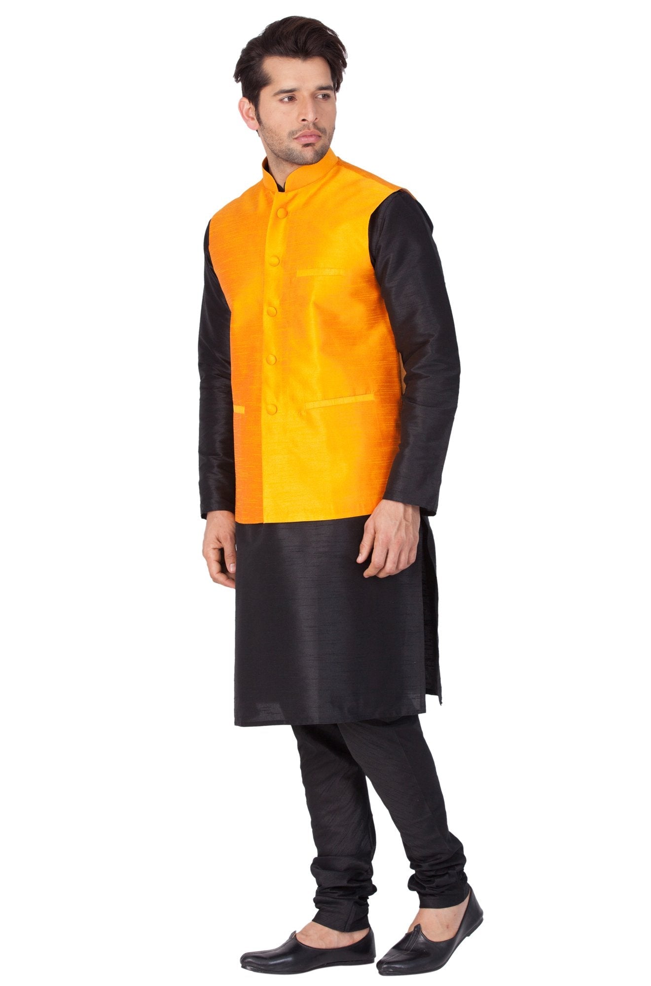 Men's Black Cotton Silk Blend Kurta, Ethnic Jacket and Pyjama Set