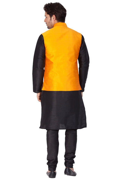 Men's Black Cotton Silk Blend Kurta, Ethnic Jacket and Pyjama Set
