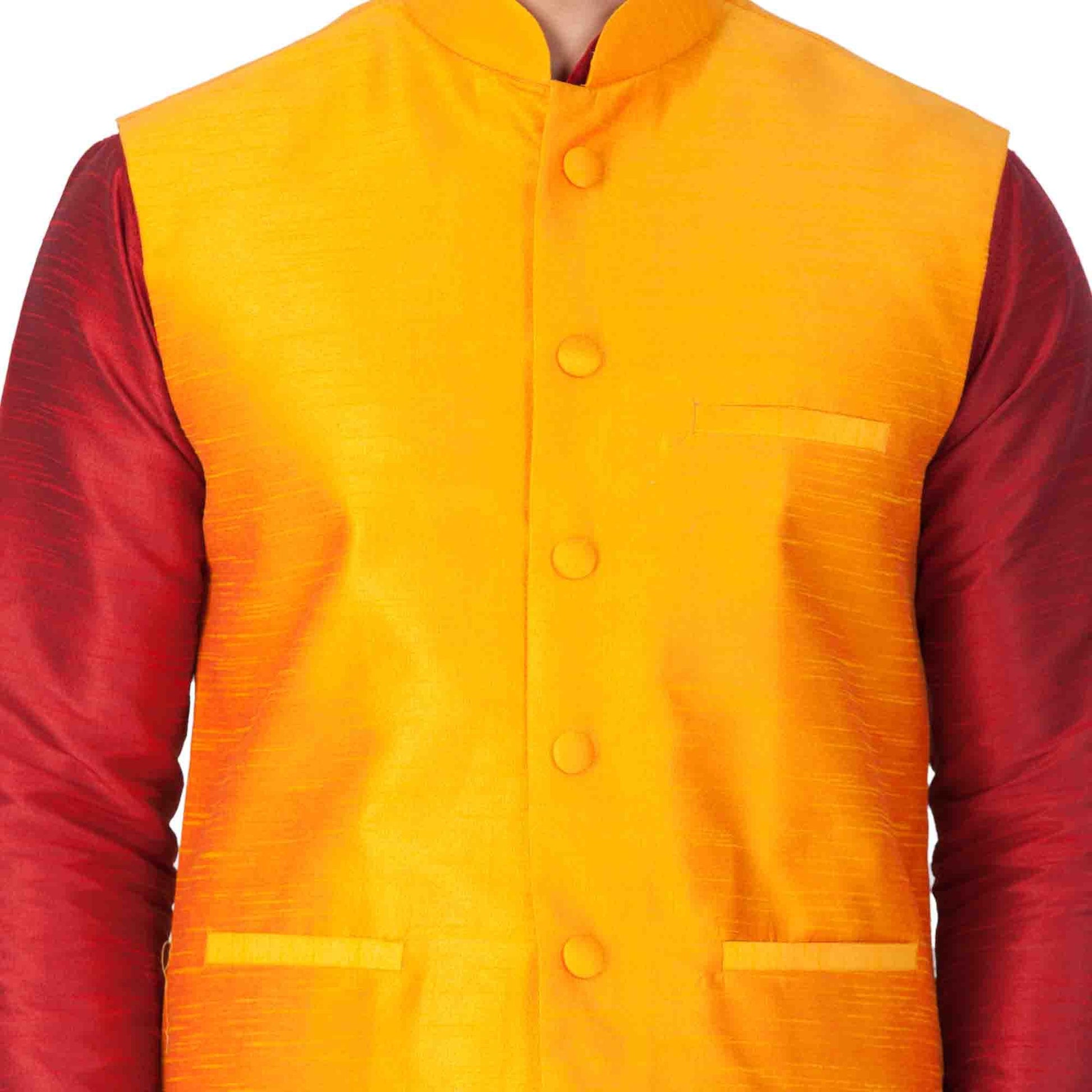 Men's Maroon Cotton Silk Blend Kurta, Ethnic Jacket and Pyjama Set