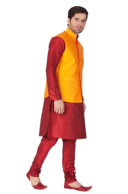 Men's Maroon Cotton Silk Blend Kurta, Ethnic Jacket and Pyjama Set