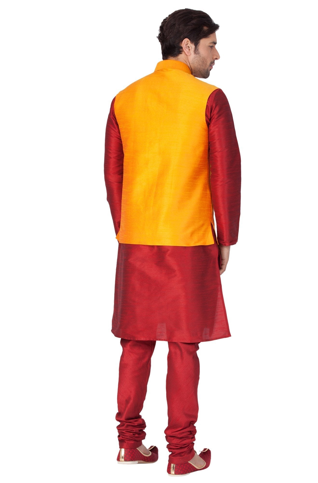 Men's Maroon Cotton Silk Blend Kurta, Ethnic Jacket and Pyjama Set