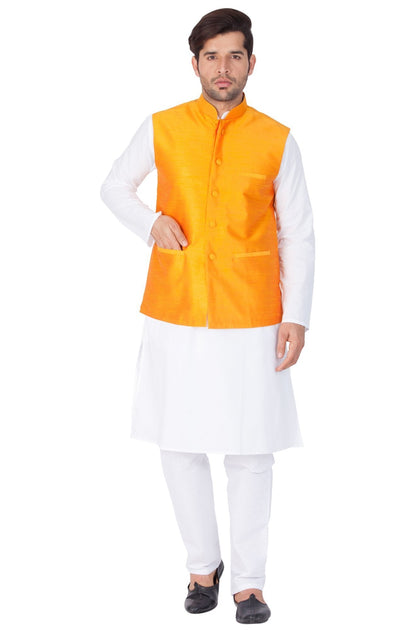 Men's White Cotton Kurta, Ethnic Jacket and Pyjama Set