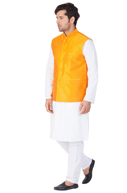 Men's White Cotton Kurta, Ethnic Jacket and Pyjama Set