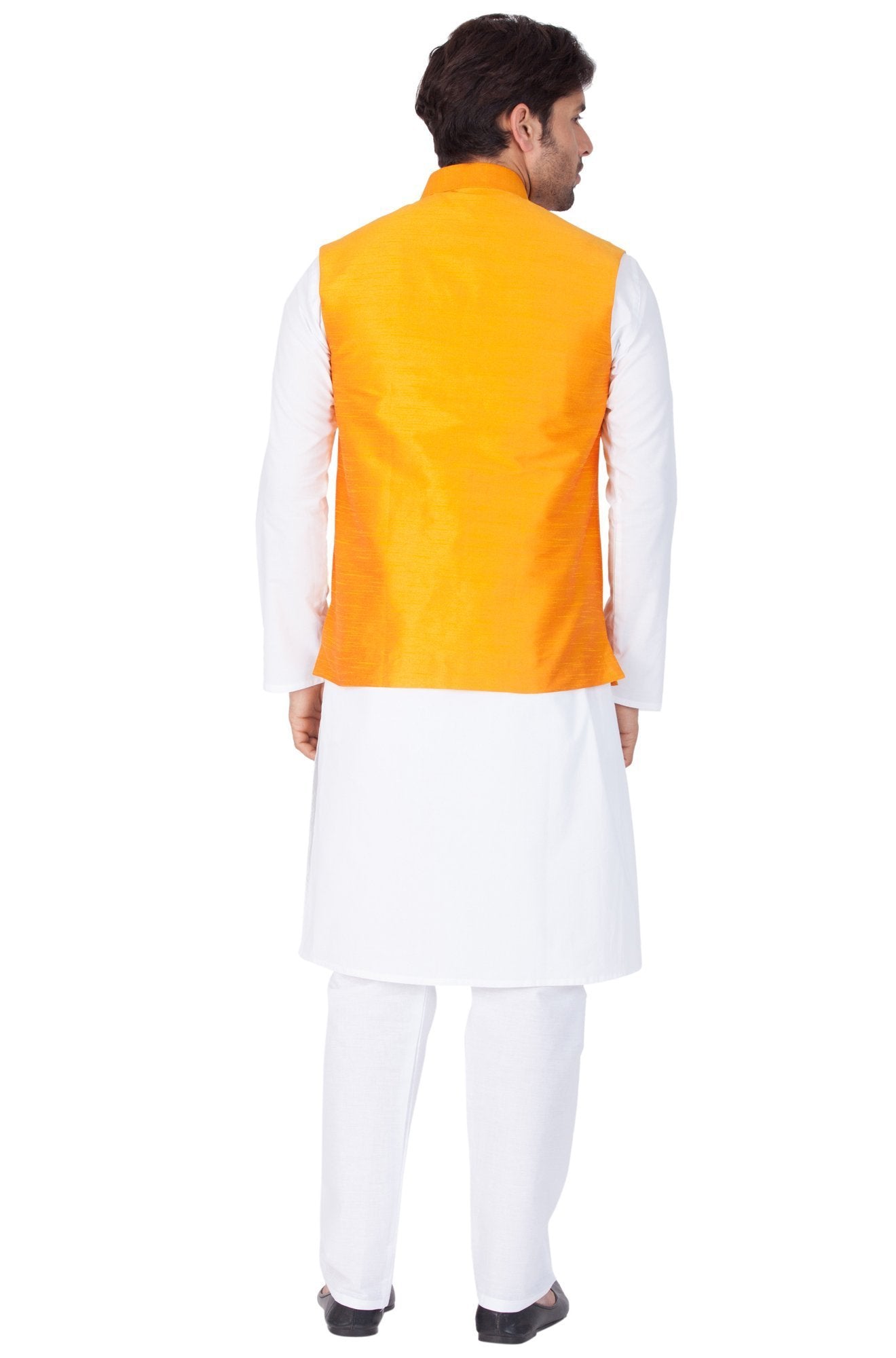 Men's White Cotton Kurta, Ethnic Jacket and Pyjama Set