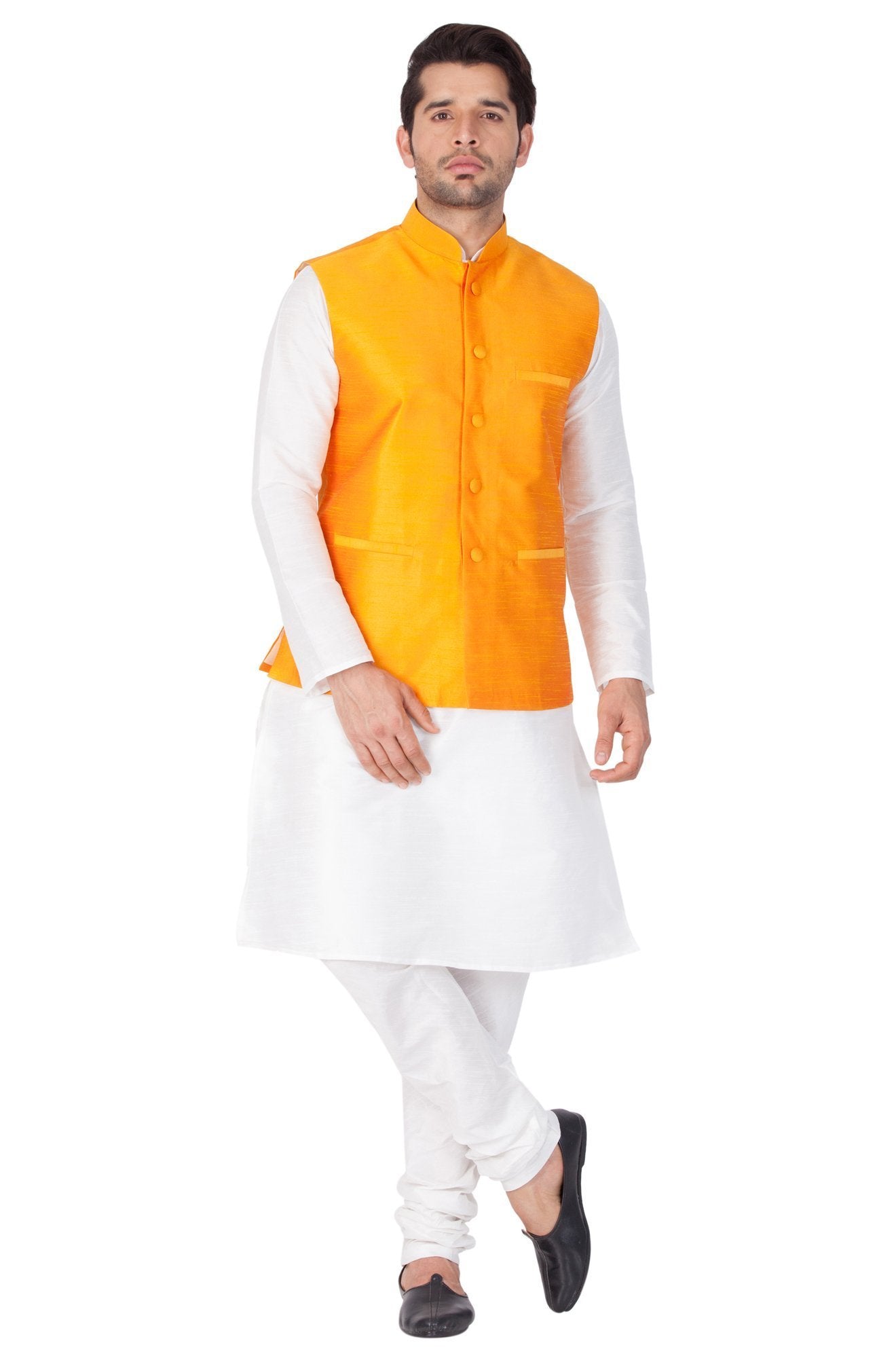 Men's White Cotton Silk Blend Kurta, Ethnic Jacket and Pyjama Set