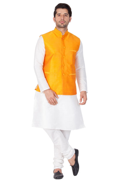 Men's White Cotton Silk Blend Kurta, Ethnic Jacket and Pyjama Set