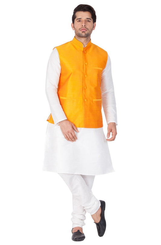 Men's White Cotton Silk Blend Kurta, Ethnic Jacket and Pyjama Set