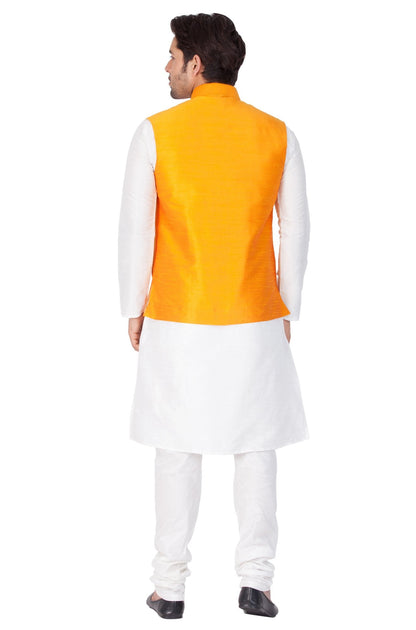 Men's White Cotton Silk Blend Kurta, Ethnic Jacket and Pyjama Set