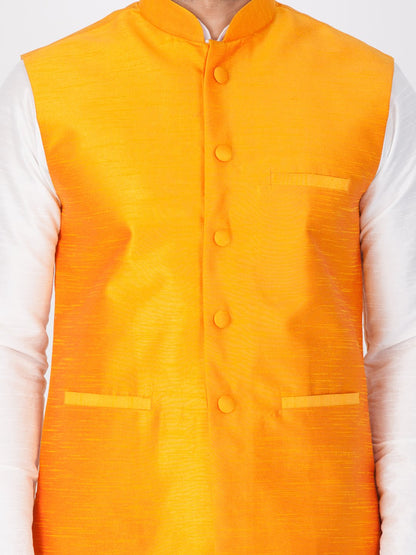 Men's Orange Cotton Silk Blend Ethnic Jacket