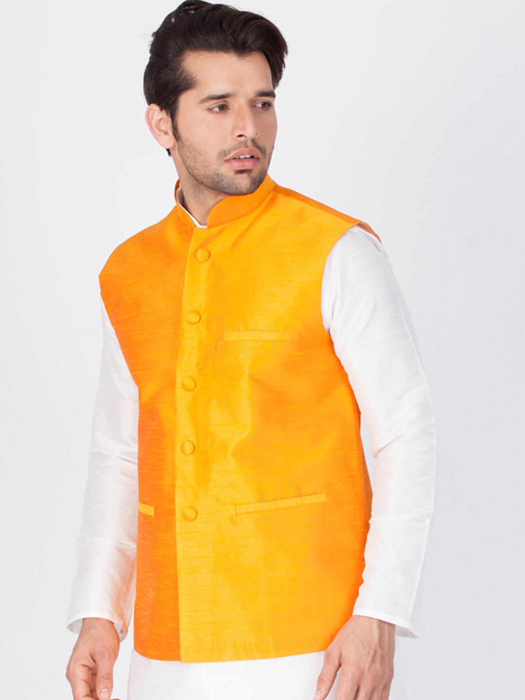 Men's Orange Cotton Silk Blend Ethnic Jacket